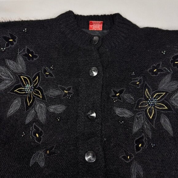Vintage 90s Mohair Wool Cardigan Sz. S Black Beaded Appliqué  Fuzzy Whimsigoth - Picture 9 of 12